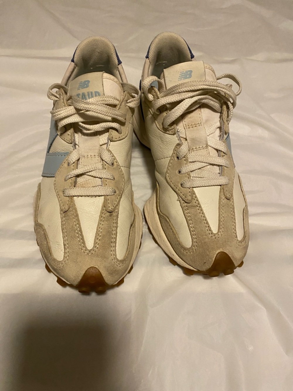 New Balance Cream and Light Blue Retro Runner Sneakers